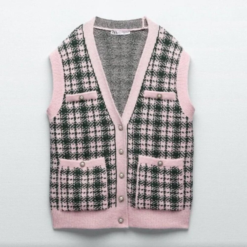 Zara Plaid Sweater Vest Pearl Buttons Pink Green Size Small Blogger Fav - Picture 3 of 8